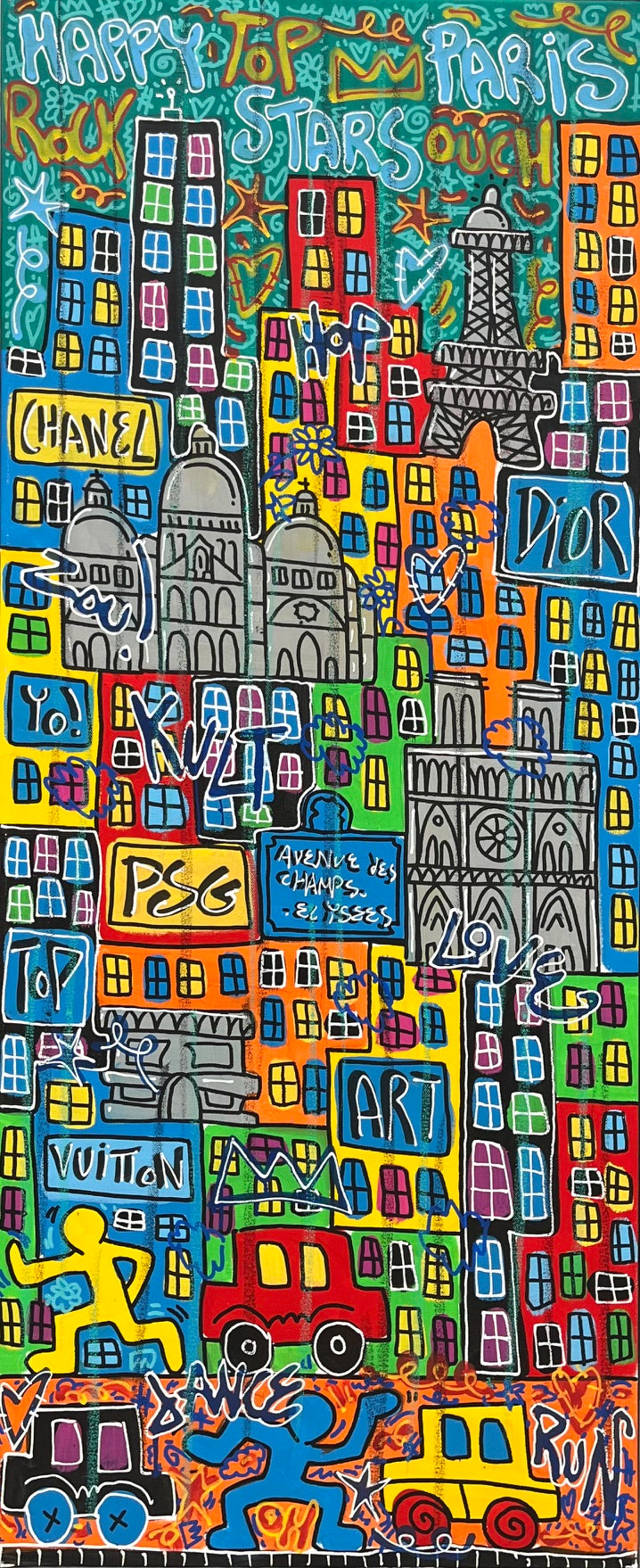 Toile street art grande taille HAPPY PARIS – RICO SAB – 120 × 50 cm