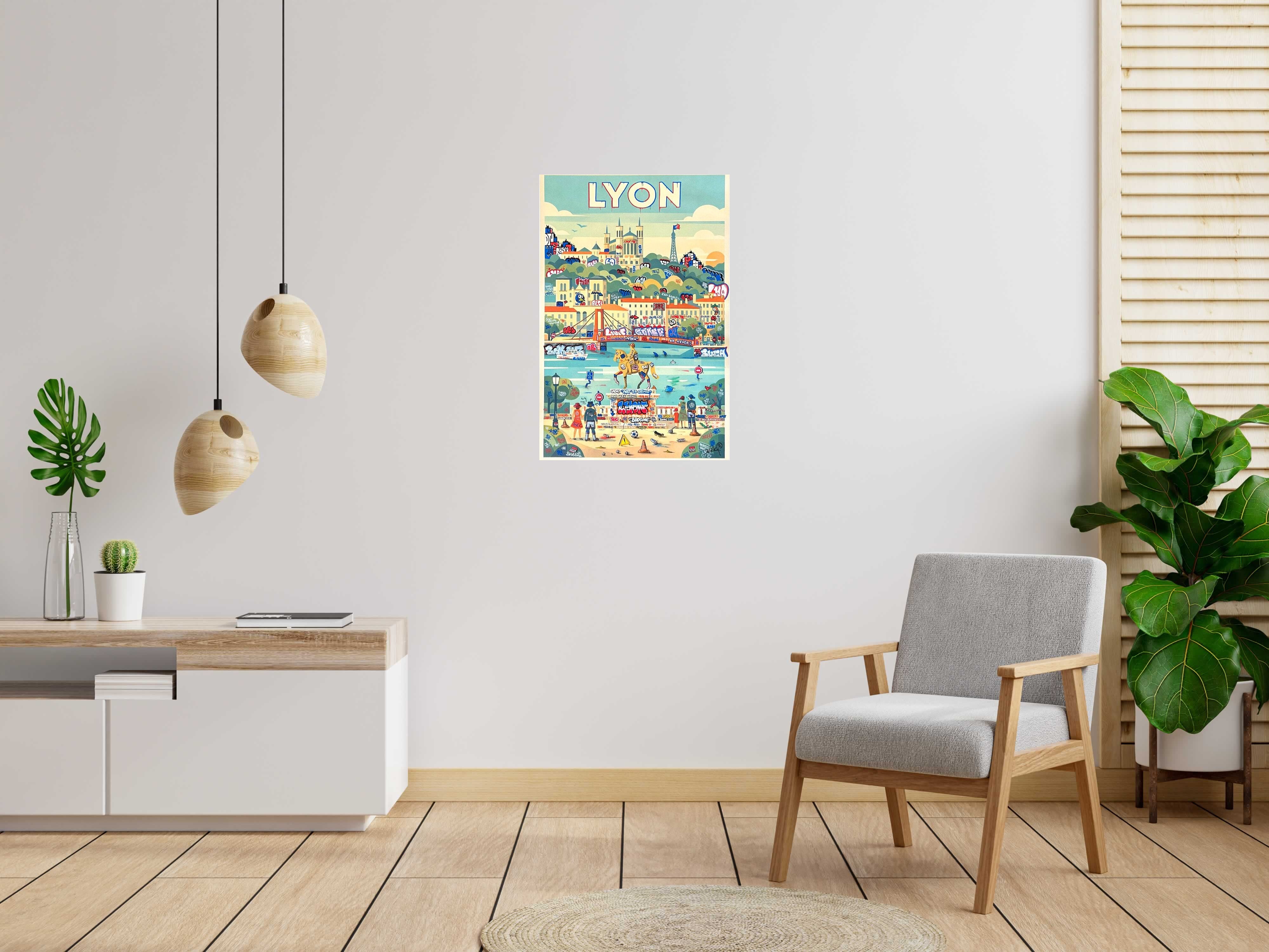Toile Lyon vintage et graffiti de BLACH dans un intérieur – 60 × 90 cm
