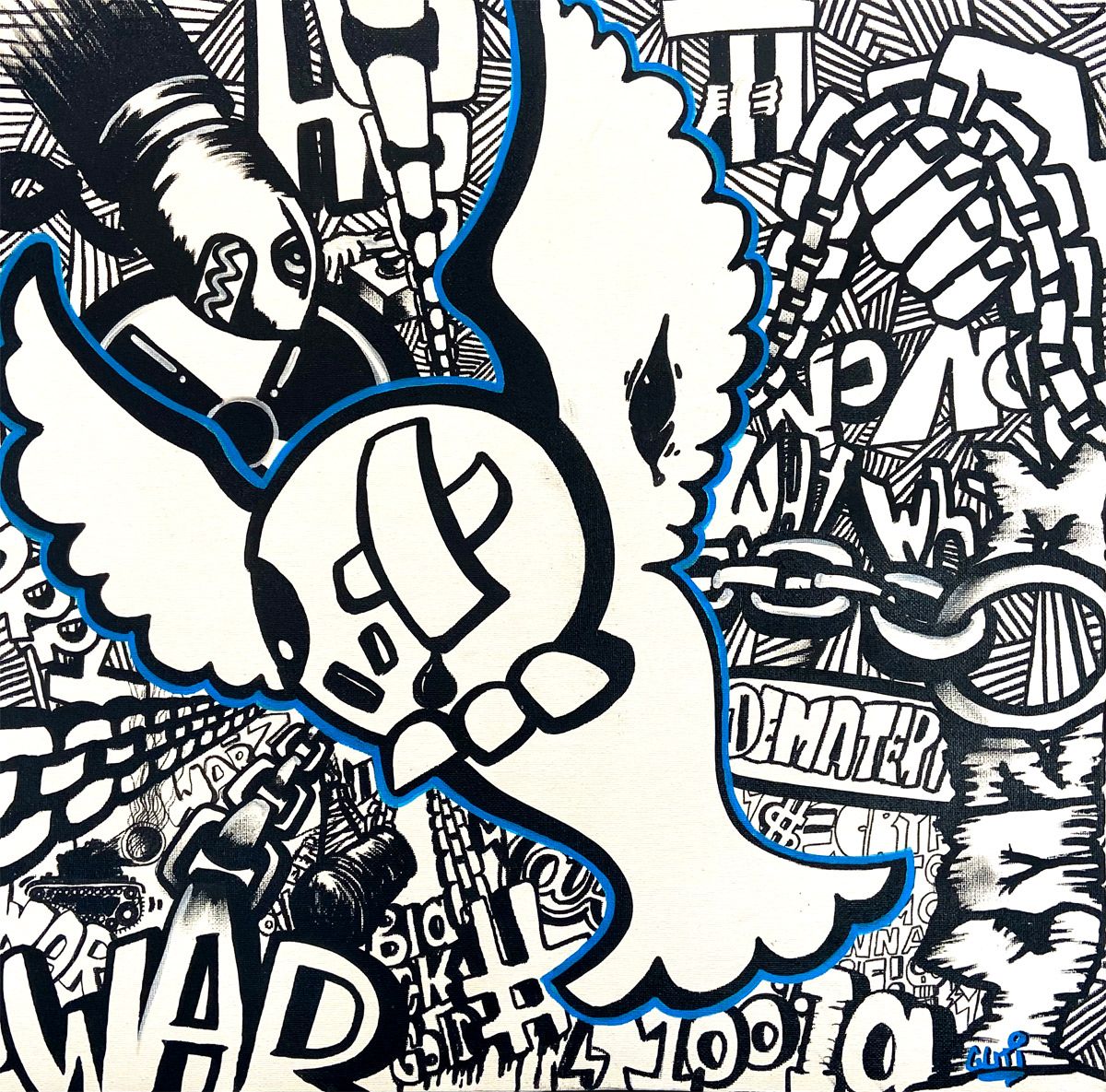 Toile street art moyen format blanc et noir Don't worry run – GUTI – 50 × 50 cm