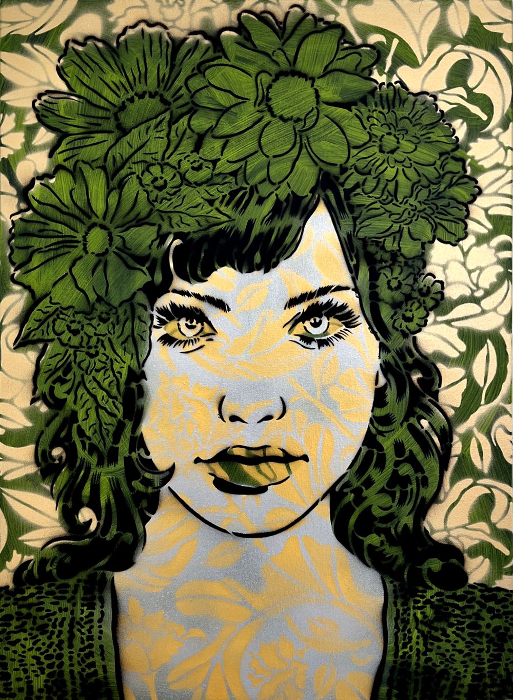 Toile street art moyen format bronze et vert GREEN EMPATHY – CHUCK SPERRY – 50 × 70 cm
