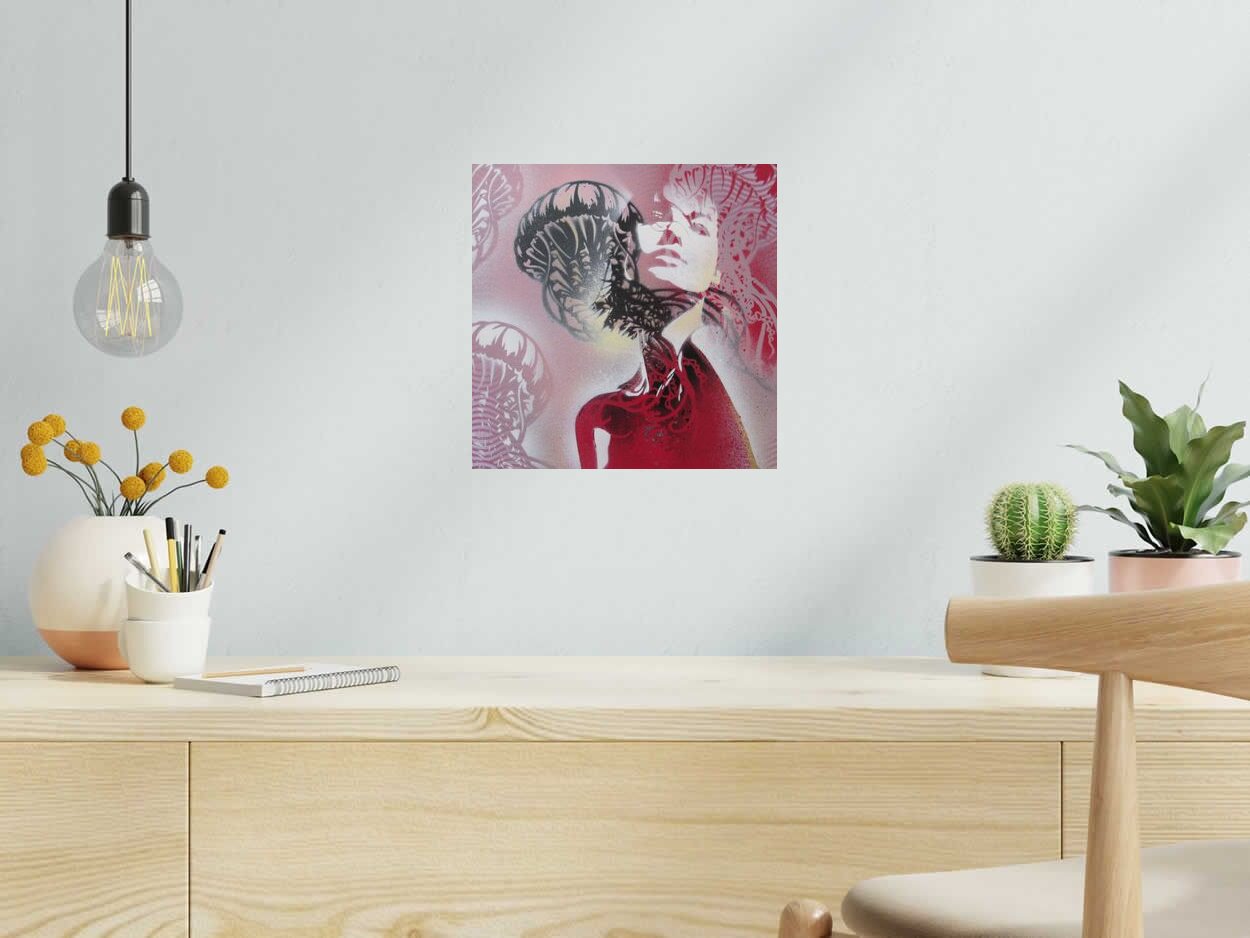 Toile Méduses de KARO TRASS dans un intérieur – 30 × 30 cm