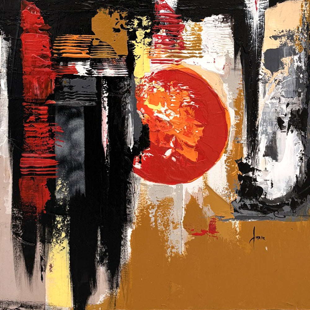 Toile abstraite acrylique aux tons rouge et ocre, 50 x 50 cm, Farid Amrar