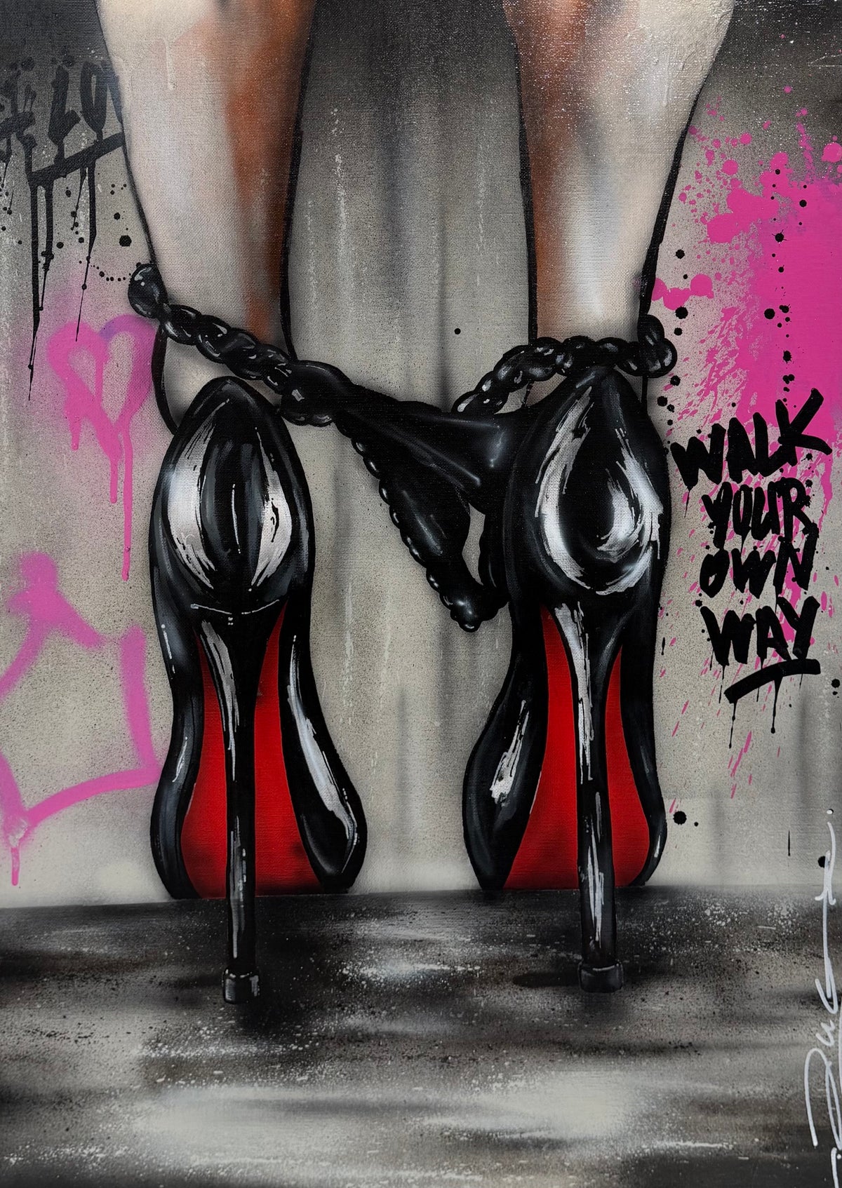 Toile de JUG intitulée Sexy, technique mixte et aérosol sur toile sur châssis, 50 x 70 cm, style street art
