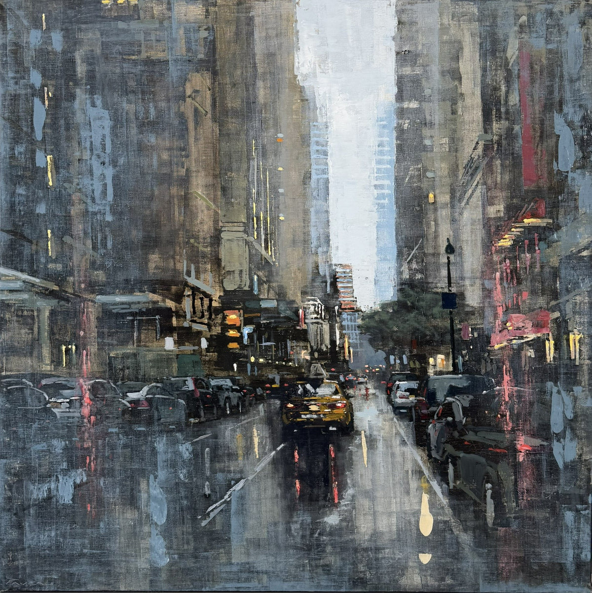 Toile figurative de ville en bleu et rouge, huile sur toile 120x120 cm, Manhattan Rain d'Adrien Faveau