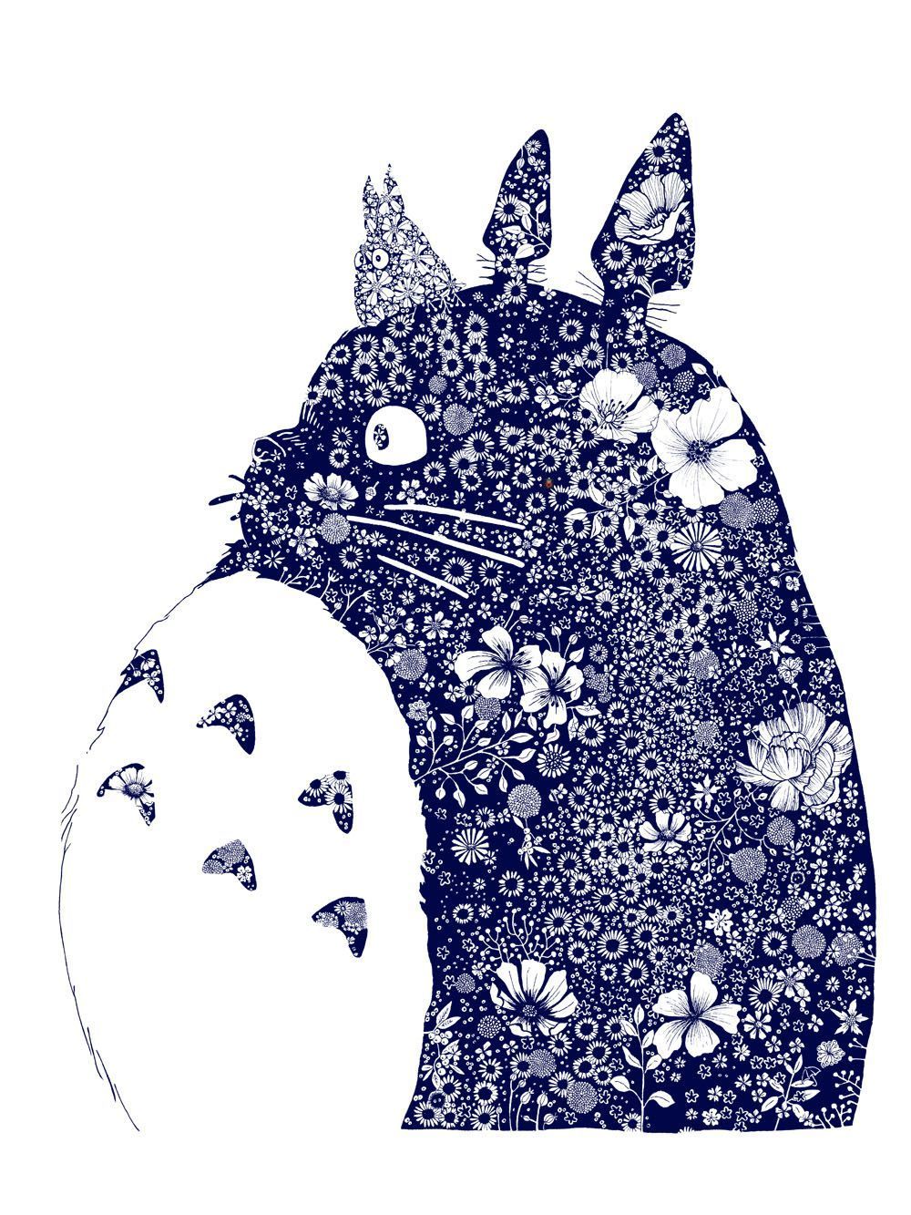 Editions d'art de CAMILLE POLI a pour titre  TOTORO EN FLEURS BLEUES style figuratif, graphique dim : CAMILLE POLIprix:90